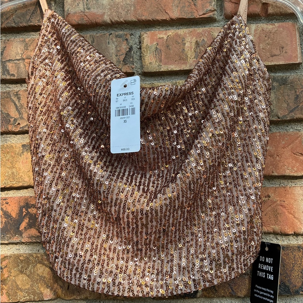 Express Shimmering Beige Sequin Cowl Neck Cropped Cami Size XS - Picture 3 of 4